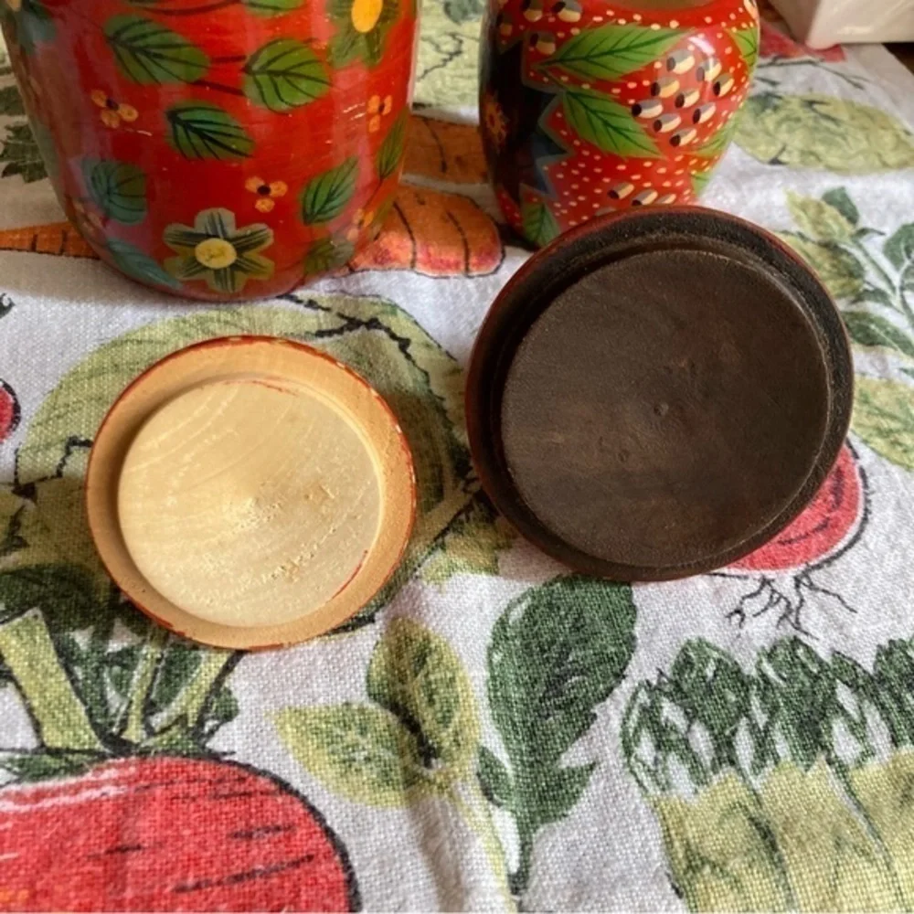 Retro Pier 1 Exports red painted decorative wooden jars with lids
